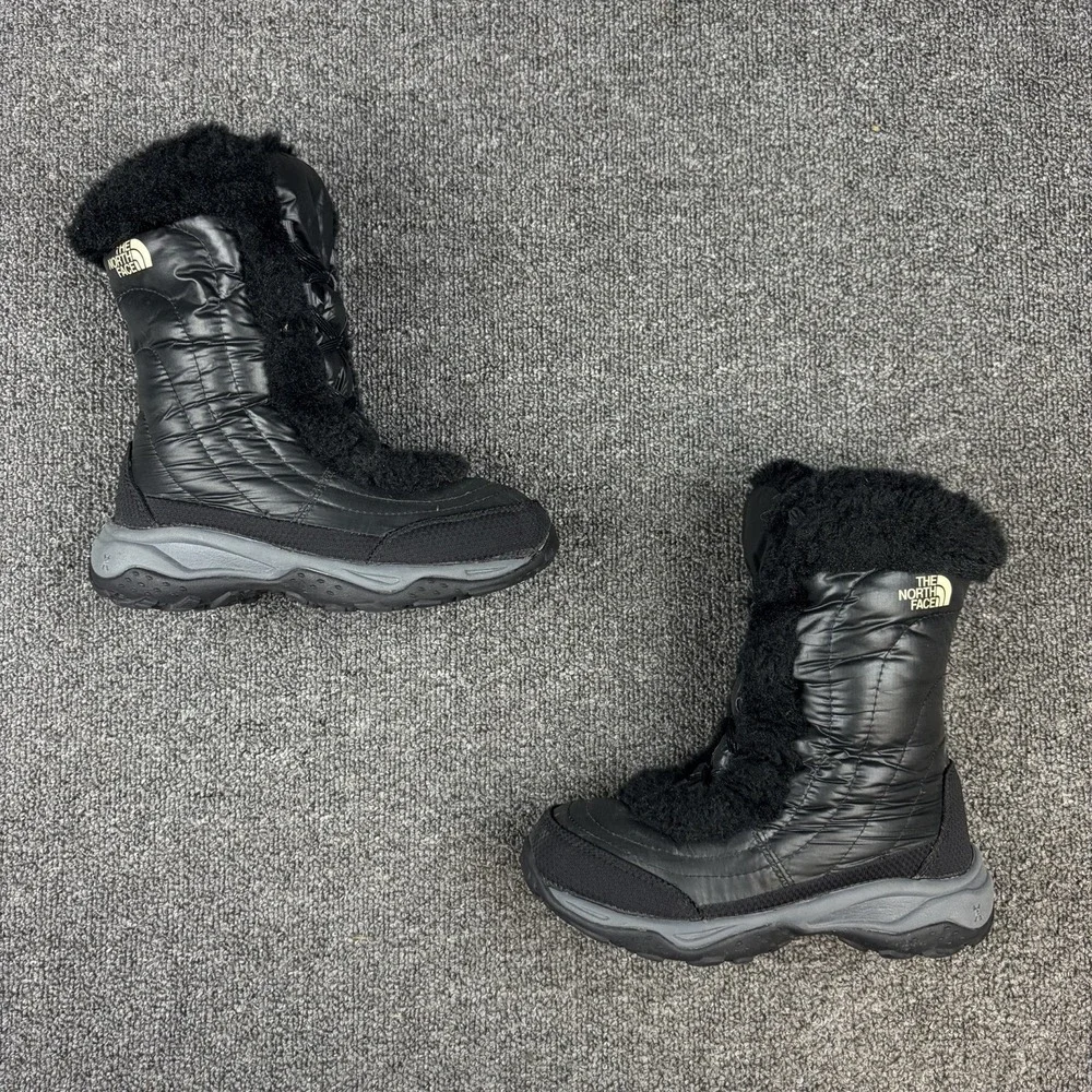 The North Face Nuptse Fur Winter Snow Boots Black Girls Youth Size 2 Insulated
